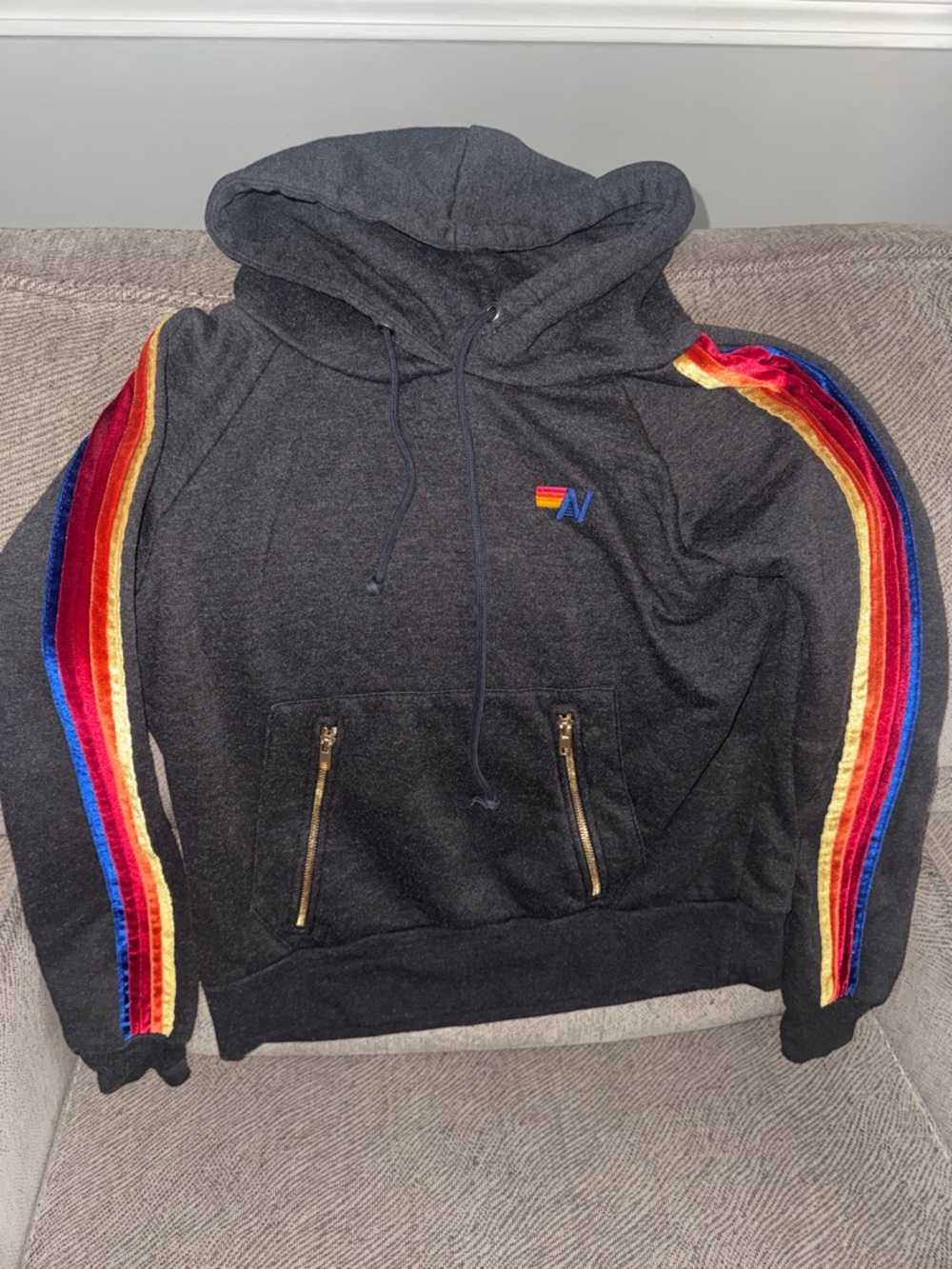 Aviator Nation Charcoal Hooded Sweater with Rainbow Stripes